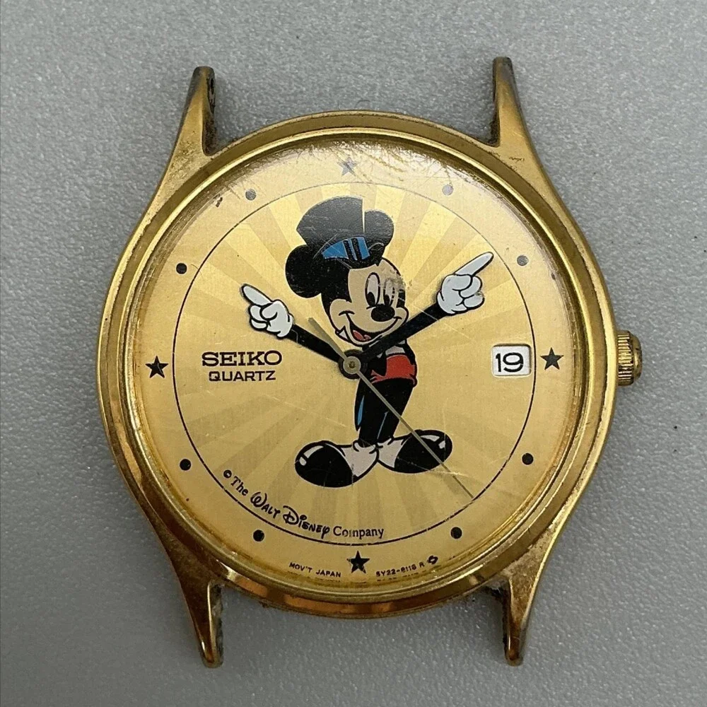 Vintage Seiko Mickey Mouse Mens Watch 33mm Gold Dial 5Y22-8039 Date Non Running
